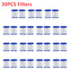 A collection of thirty filters for a faucet water filter purifier, shown in various white and blue colors.