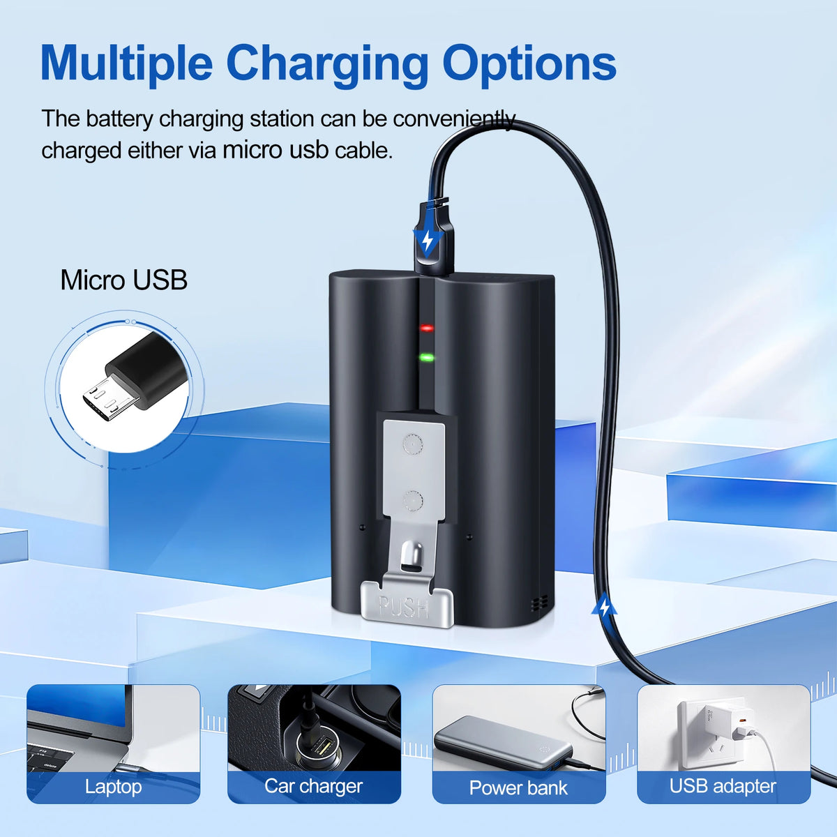 A black battery charging station with a micro USB cable is shown next to various devices like a laptop, car charger, power ba