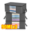 Three gray foldable storage bags with transparent windows stacked together