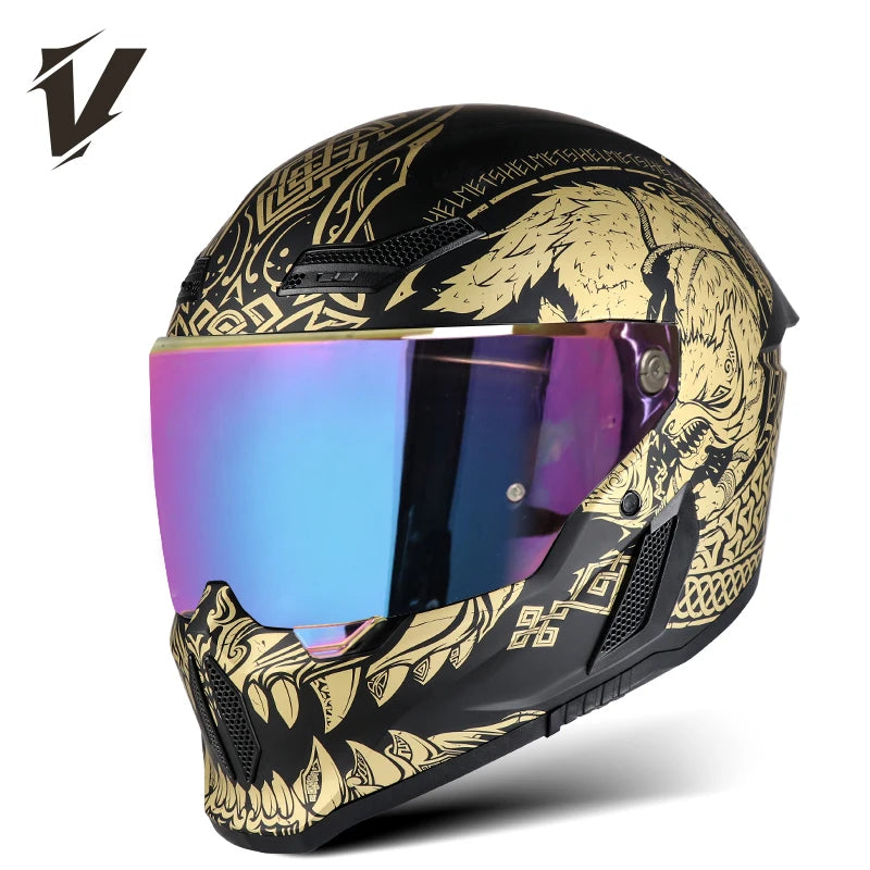 A black motorcycle helmet with gold and black graphic designs and a reflective visor.