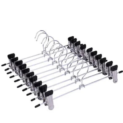 A set of five anti-slip stainless steel hangers with clips for pants and skirts.