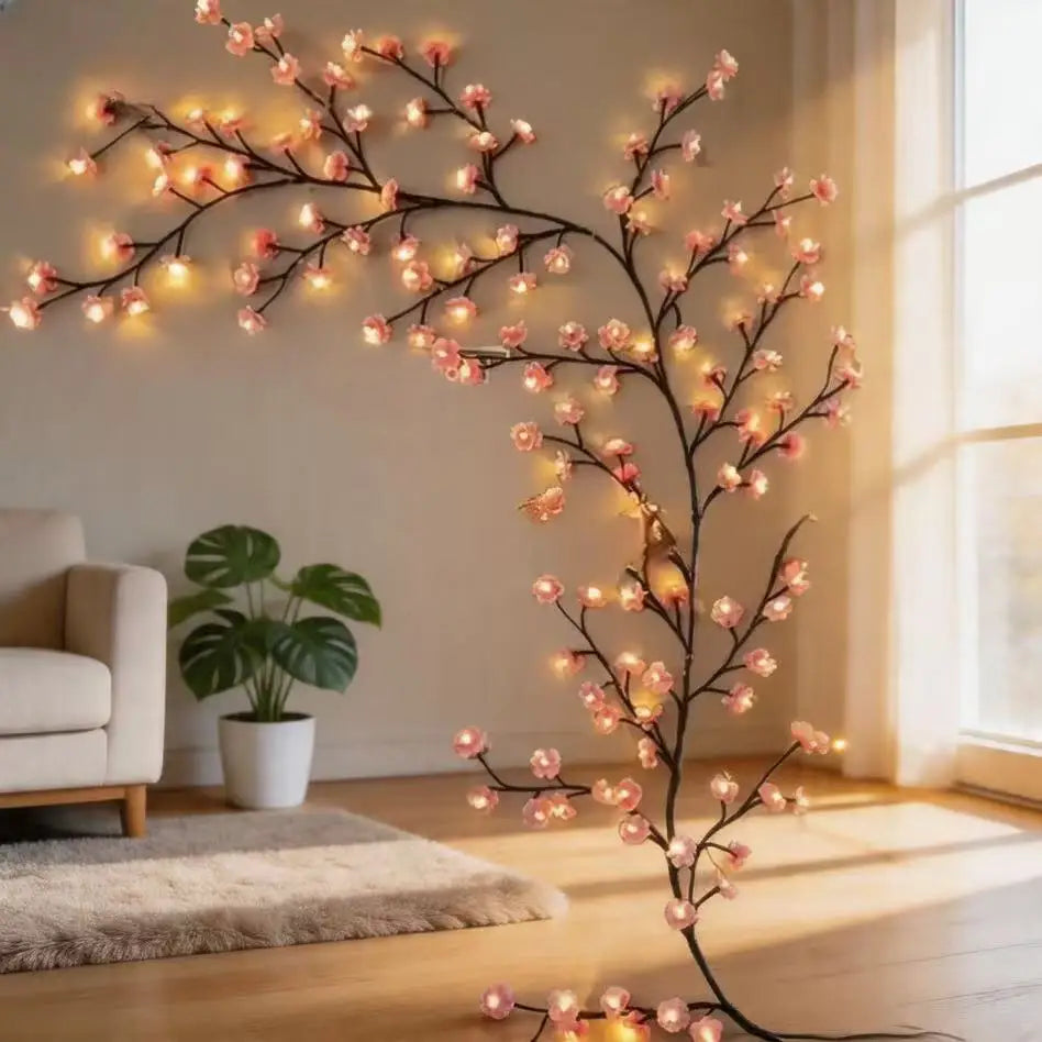 A decorative branch of fairy lights shaped like a cherry blossom vine illuminates a living room setting.