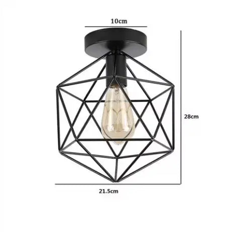 A black metal frame ceiling lamp with a clear glass bulb and single light source.