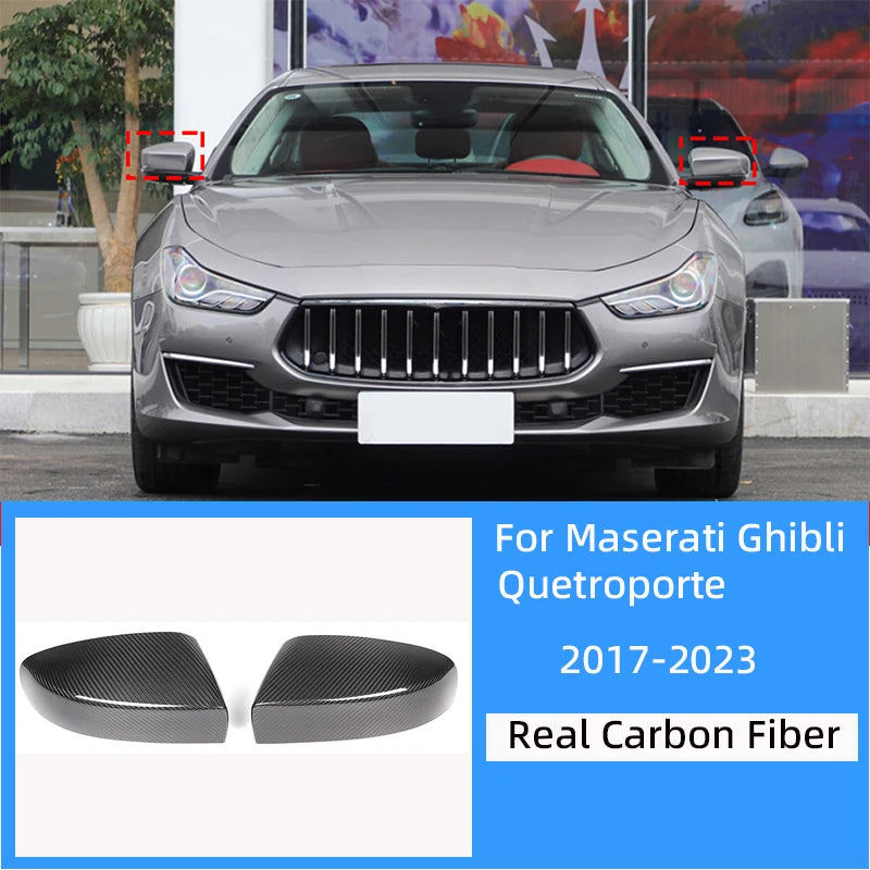Real carbon fiber side mirror covers for Maserati Ghibli and Quattroporte models from 2017 to 2023