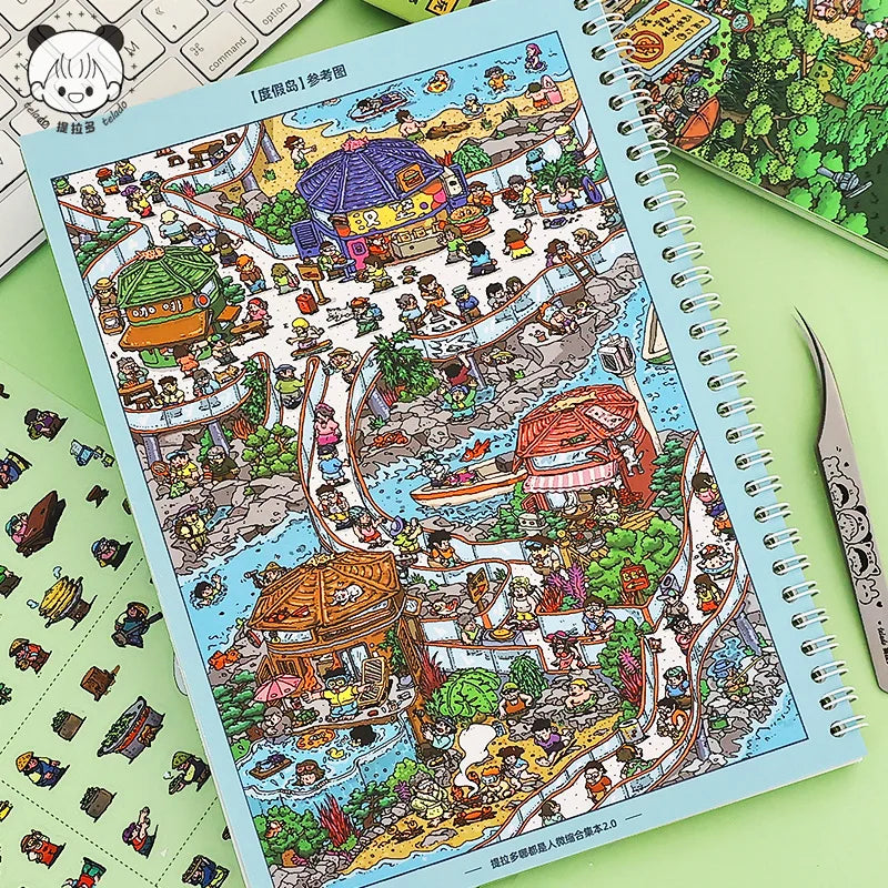 A colorful sticker book featuring miniature scenes and 3D house crafts depicting a bustling village or landscape.