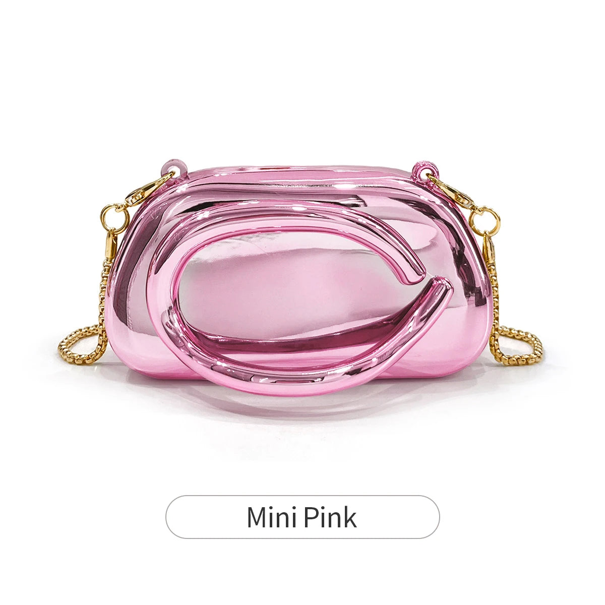 A small pink glossy clutch bag with gold metal hardware shown against a white background.