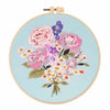 A circular embroidery hoop featuring a detailed floral design in pink, purple, and white thread on light blue fabric.