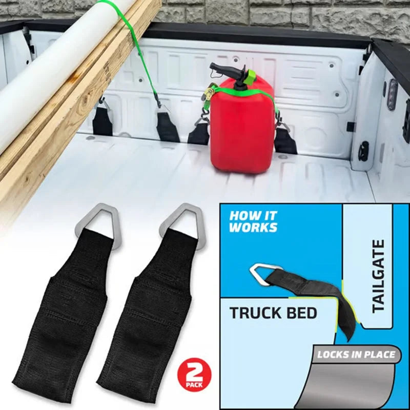 Two black EZ Bed Anchor tie-down straps are shown with a red cargo bag in a truck bed context.