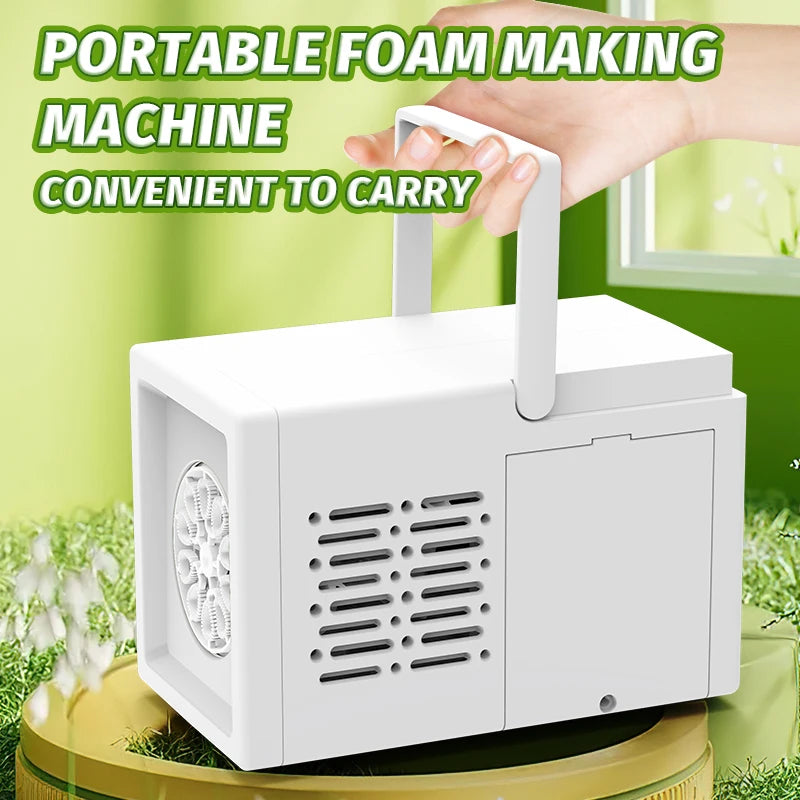 A white portable foam making machine is held by a hand, shown against a green background.