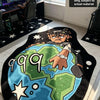 A cartoon rug featuring Juice WRLD 999 on a globe design for a gaming room.