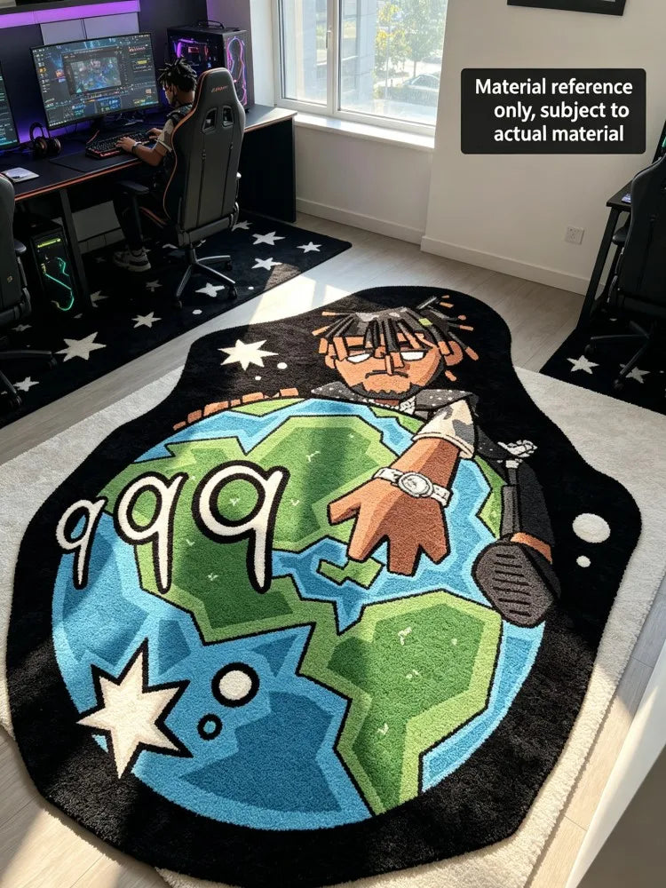 A cartoon rug featuring Juice WRLD 999 on a globe design for a gaming room.