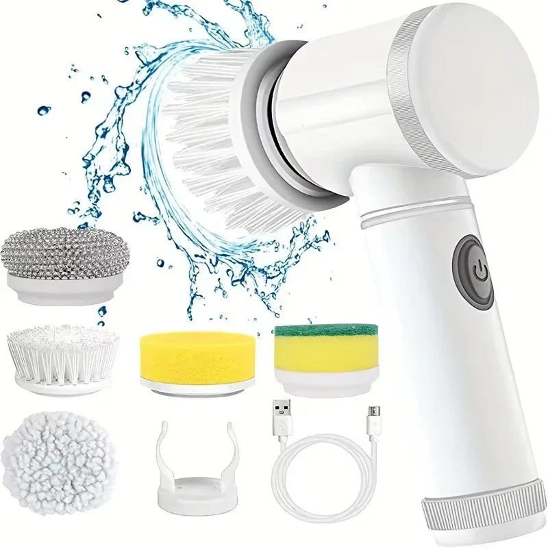 Cordless electric spin scrubber with five brush heads and charging cable shown in various configurations.