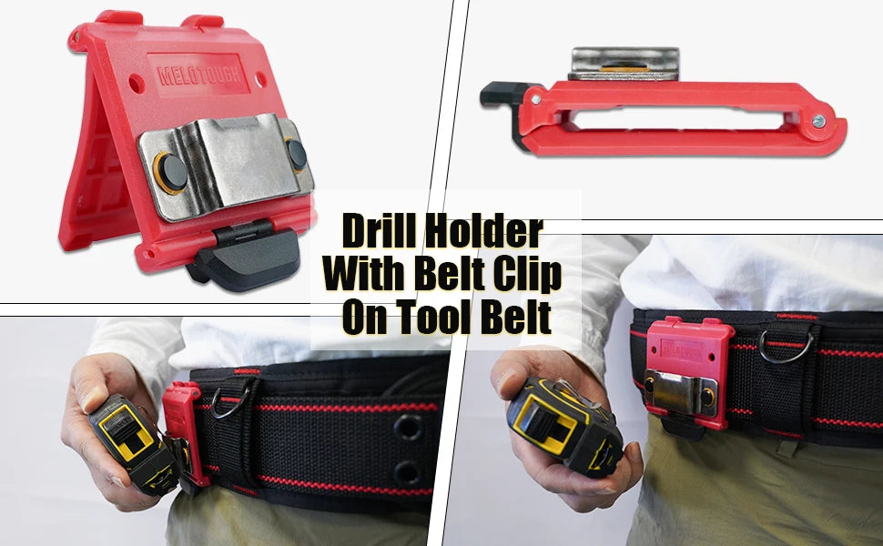 A red clip-on drill holder with a belt clip mounted on a tool belt, shown being held by a hand.