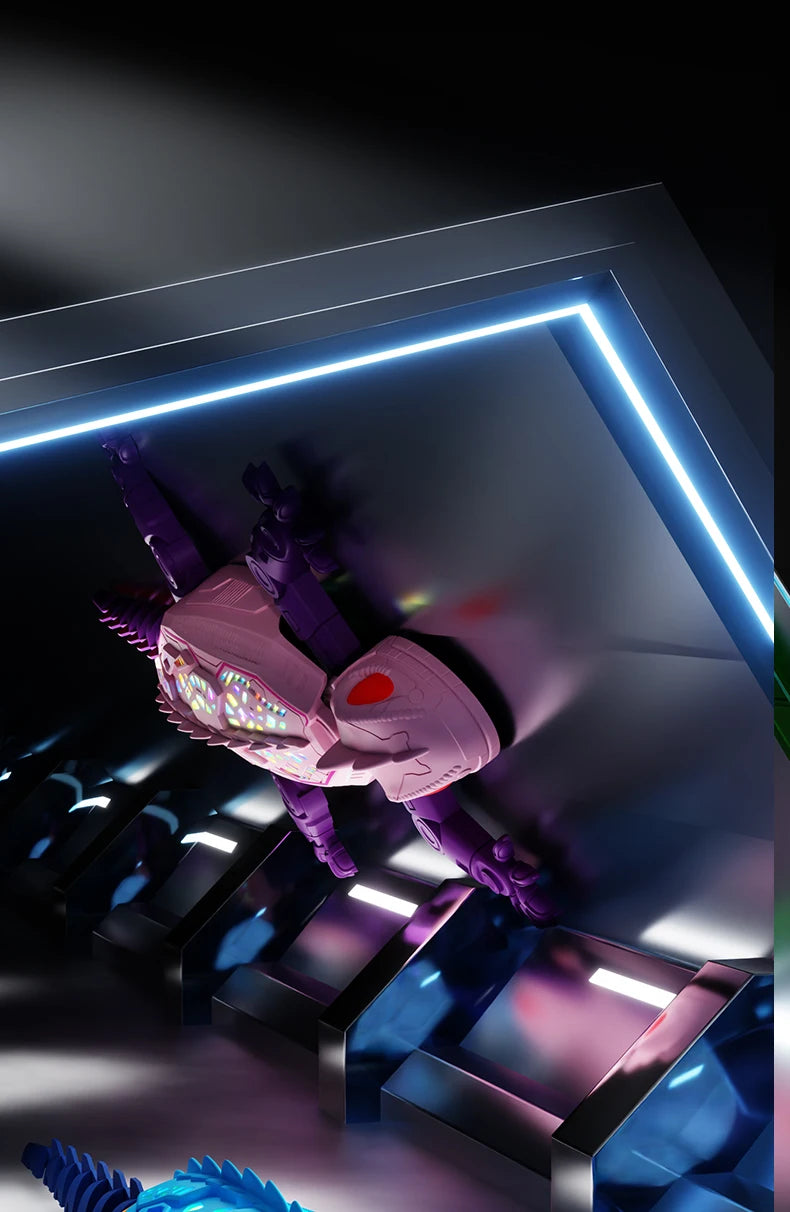 A purple wall-climbing gecko toy with pink body and LED eyes is displayed in a futuristic, illuminated display box.
