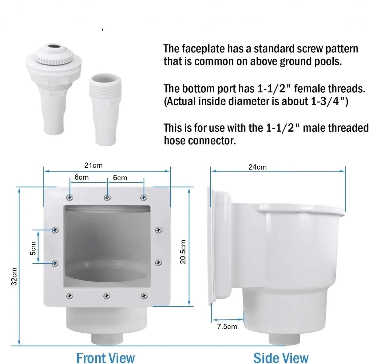Front and side views of an above ground pool skimmer kit showing the faceplate, bottom port, and overall dimensions.