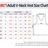Size chart for an Adult V-Neck Vest showing measurements in centimeters and inches.