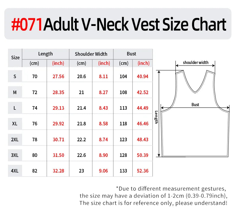 Size chart for an Adult V-Neck Vest showing measurements in centimeters and inches.