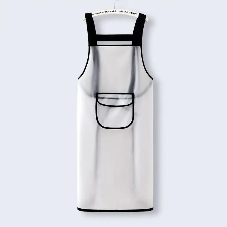 A white waterproof oil-proof kitchen apron with black straps and a pocket.