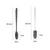 A silicone bottle brush with a long handle shown in various dimensions.