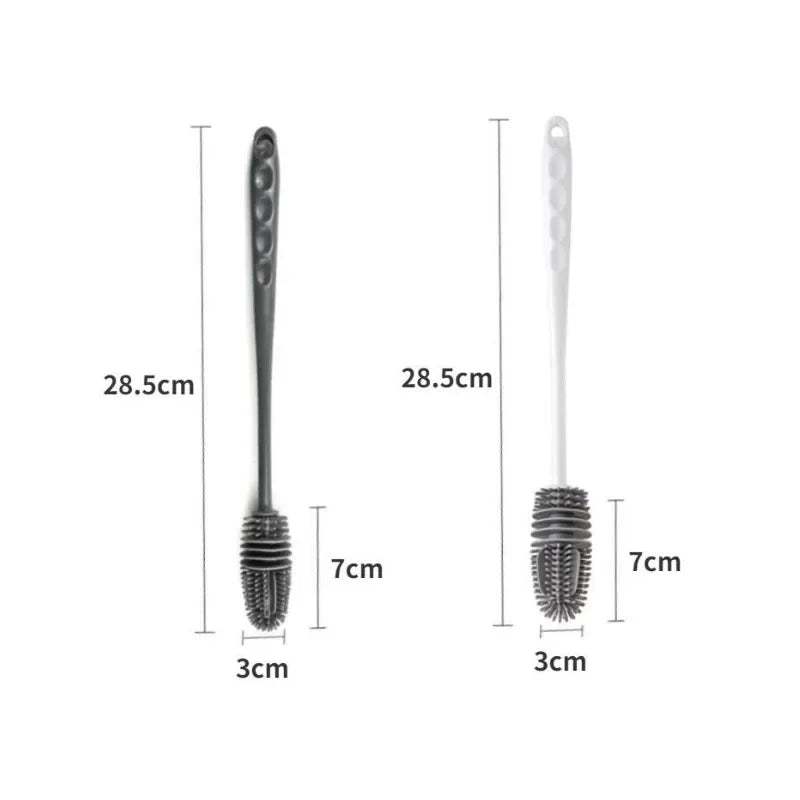 A silicone bottle brush with a long handle shown in various dimensions.