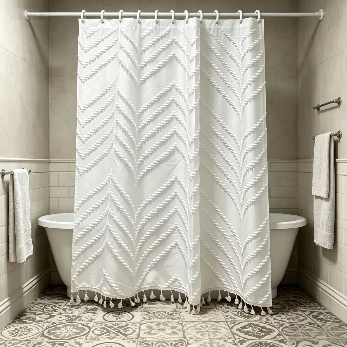 White bohemian floral cutout tassel shower curtain hanging on a rod in a bathroom