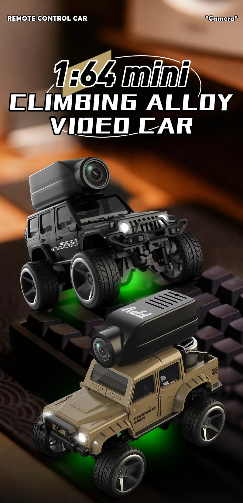 1:64 Scale RC Climbing Car with HD Camera and LED Lights