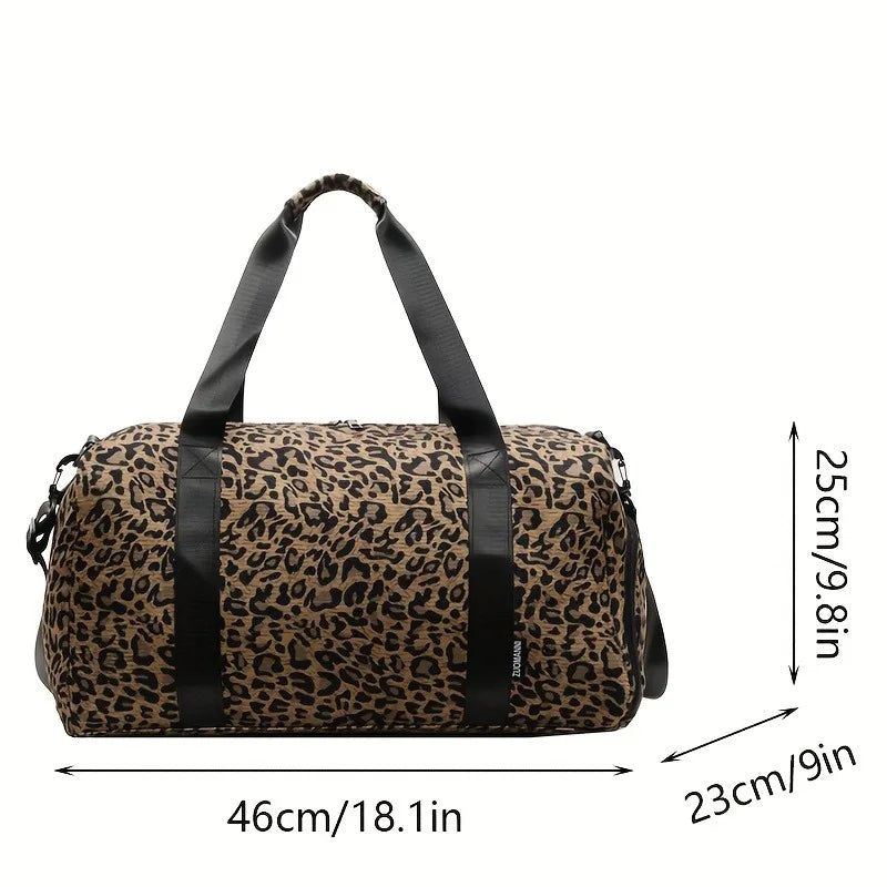 A brown leopard print weekender tote bag with a black strap and shoe compartment.