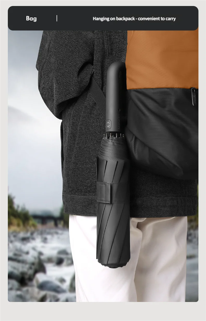 A black folding umbrella is shown hanging on a person's jacket, demonstrating its convenient to carry feature.