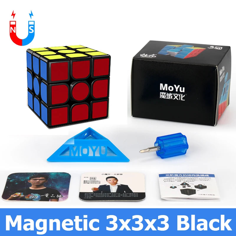 A black MoYu 3x3 cube set with a blue magnetic piece and related accessories displayed on a white background.