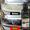 Before and after comparison of headlight repair cream on a car's headlight lens.