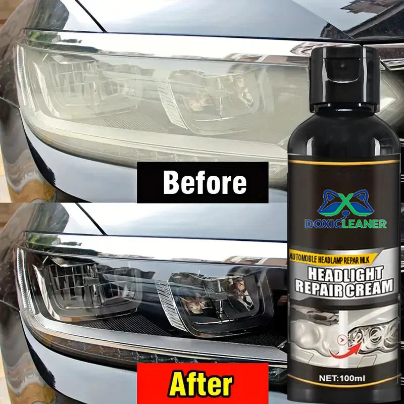 Before and after comparison of headlight repair cream on a car's headlight lens.
