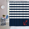 Navy blue and white striped fabric shower curtain hanging from a metal rod