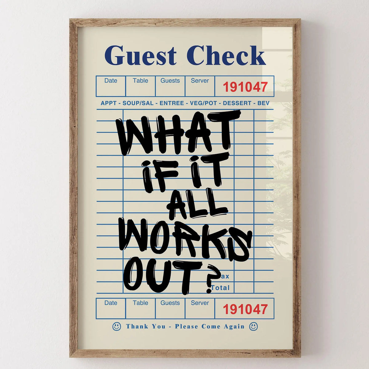 A framed canvas print featuring a guest check form with the inspirational quote What if it all works out?
