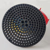 Black mesh grit guard insert for a car wash bucket with a red filter attachment.