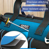 A close-up of a blue and black heavy-duty tool bag showing features like thickness upgrade, precision stitching, wear resista