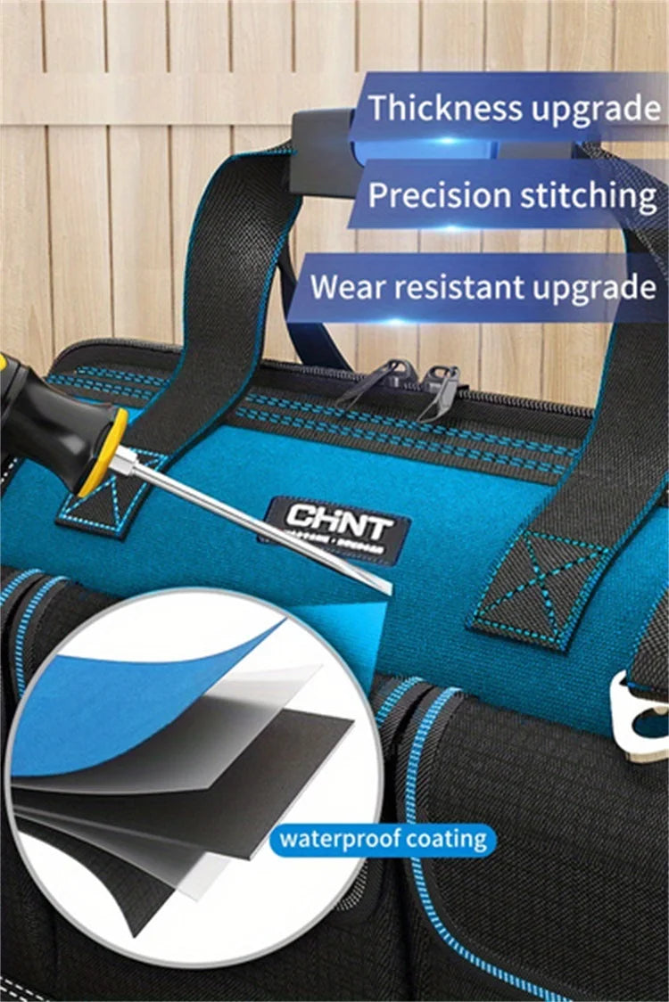 A close-up of a blue and black heavy-duty tool bag showing features like thickness upgrade, precision stitching, wear resista
