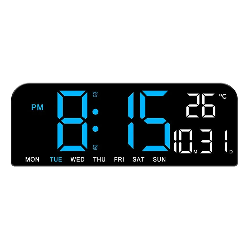 A black digital wall clock displaying the time 8:15 PM and a temperature of 26 degrees Celsius.