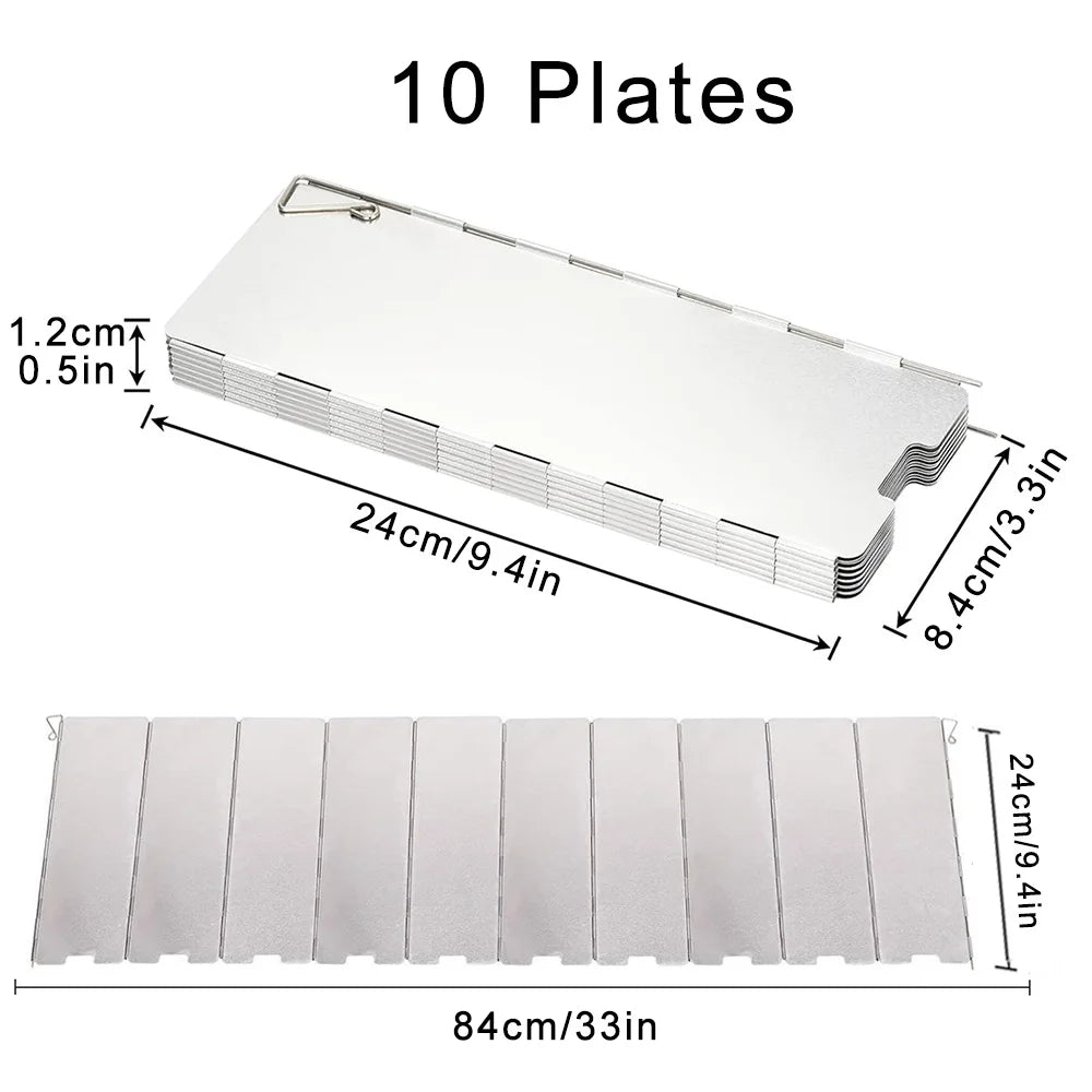 Ten silver aluminum plates for an adjustable camping stove windscreen, shown in a flat layout.
