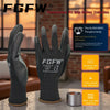 A pair of dark gray performance PU grip gloves is shown next to a metal ring, highlighting features like dexterity and tear r