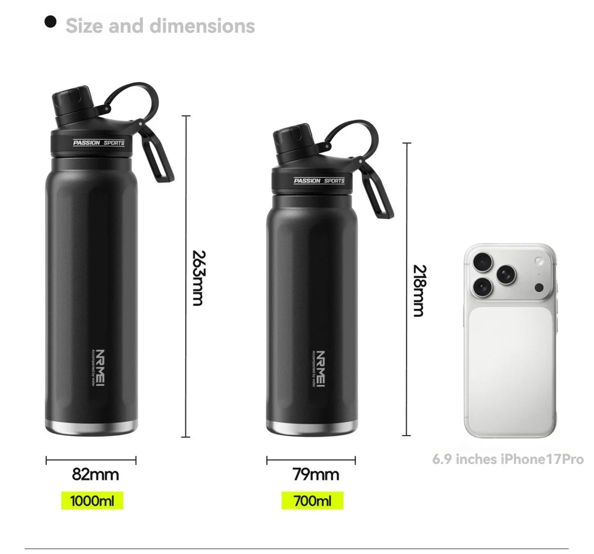 Dos versiones de una botella de agua de acero inoxidable con aislamiento al vacío negro, con detalles de dimensiones y capaci