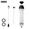 A clear plastic syringe with a black cap and a long white tube for manual fuel transfer or oil extraction.