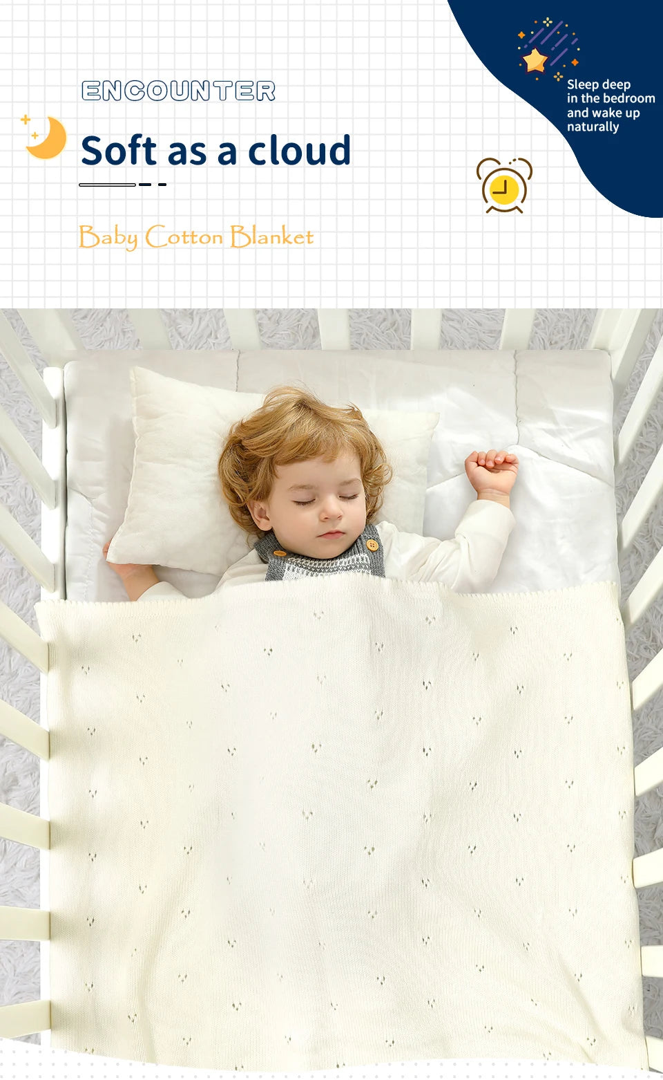 A baby is sleeping peacefully in a white soft cotton blanket on a crib mattress.