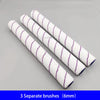 Three white paint brushes with purple stripes are displayed on a gray background.