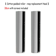 A silver cotton-padded roller mop replacement head with screws included.