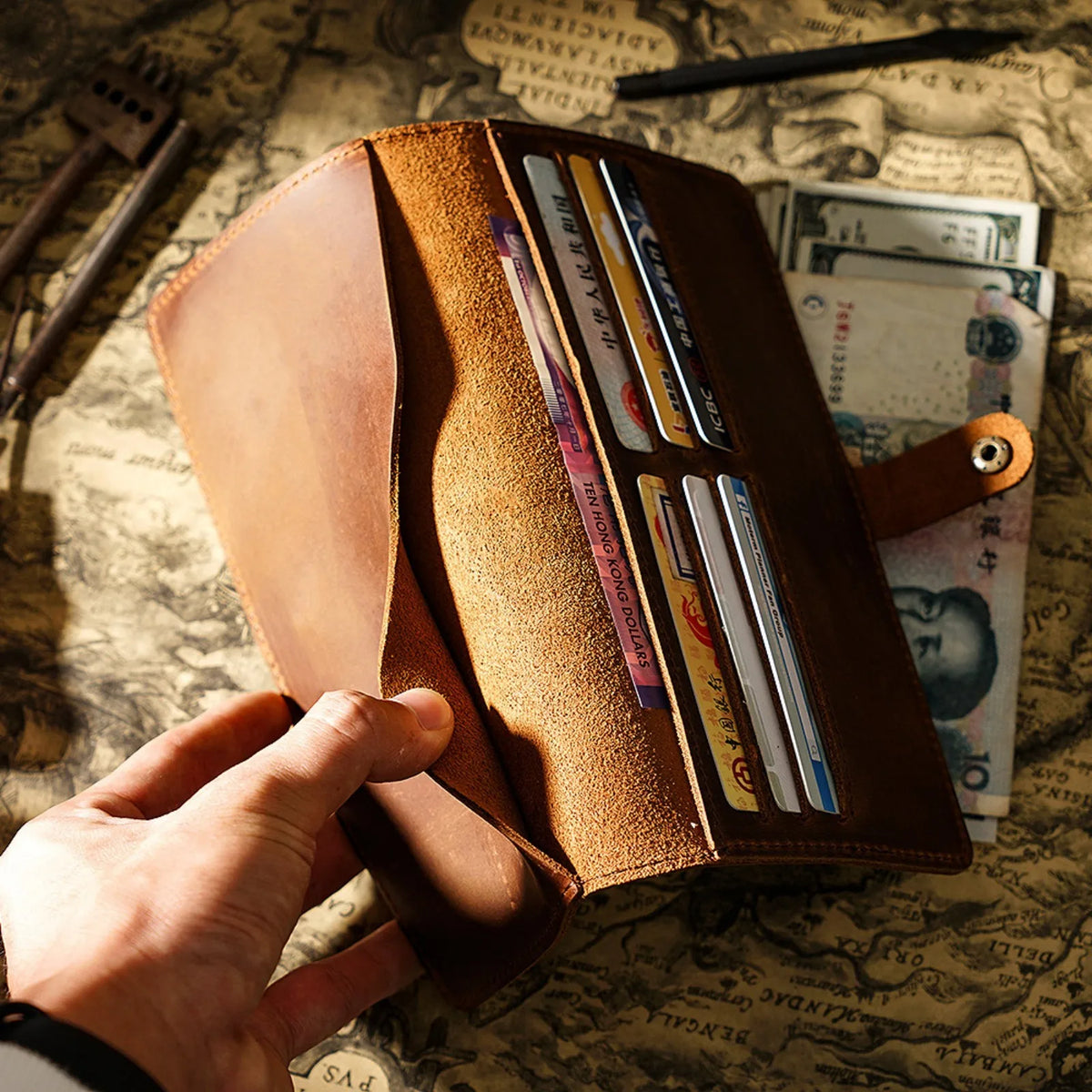 Vintage Leather Long Bifold Wallet with Snap Closure