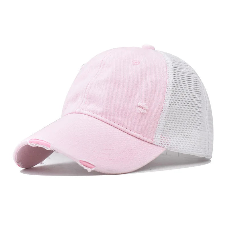 Pinkes Vintage-gewaschenes Baumwoll-Baseballcap mit weißem Netzrücken