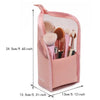 A pink waterproof makeup brush holder with a mesh pocket and foldable stand is shown.