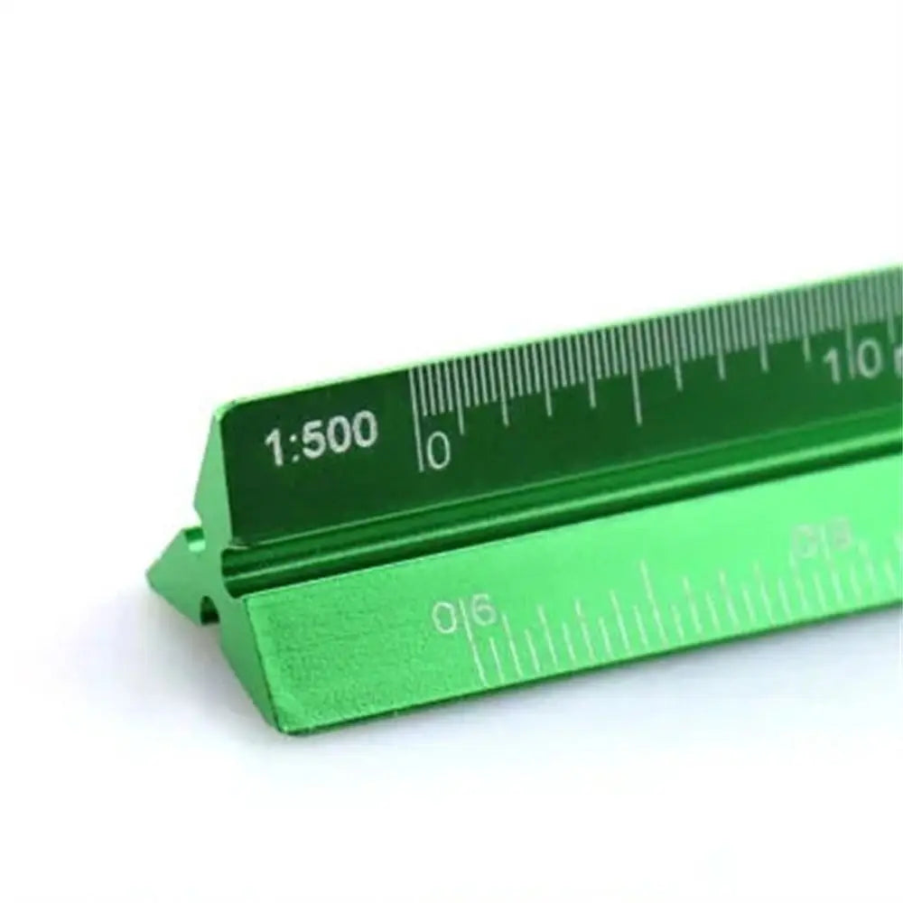 A green precision aluminum triangular scale ruler with markings for drafting and drawing.