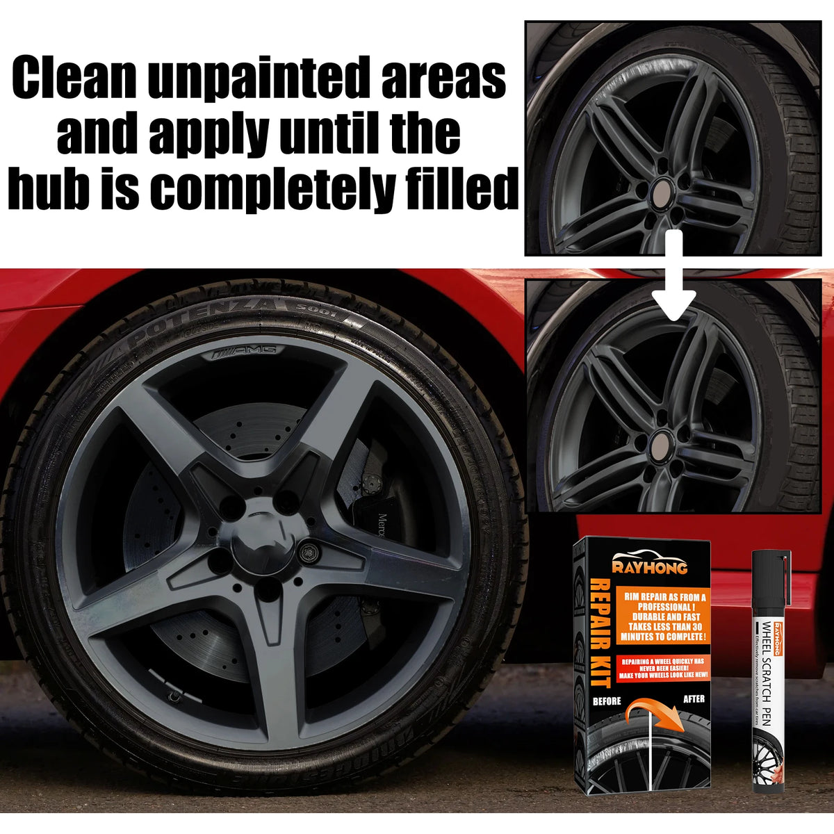 A black alloy wheel scratch repair pen kit is shown applying product to a wheel hub.