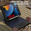A person is using a black magnetic Bluetooth keyboard case with a trackpad for an iPad on a wooden surface.